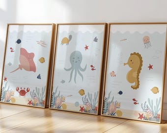 Set of marine animal posters for children - underwater posters, ocean fish wall decoration