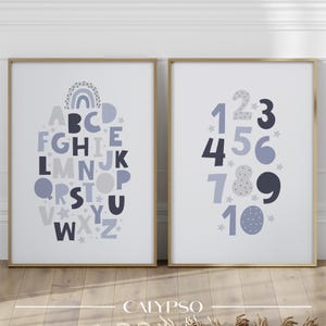 Poster con alfabeto e numeri blu per bambini, apprendimento di lettere e numeri per bambini