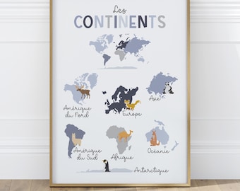 Educational Continents Poster in French – Blue World Map Print for Kids with Animals
