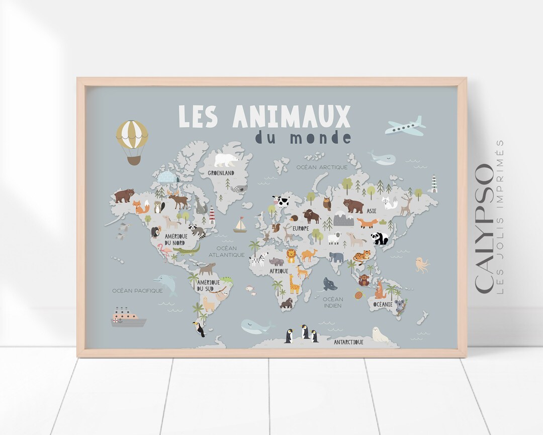 Carte du monde des animaux pour enfants sur fond bleu les - Etsy France