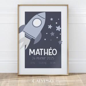 Affiche de naissance personnalisée fusée et étoiles, cadeau pour nouveau-né, décoration chambre de bébé
