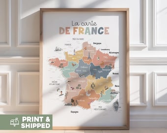 Bunte Karte von Frankreich für Kinder, geografisches Poster der wichtigsten Städte