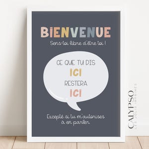 Cartel bienvenido a la oficina de terapia, publica lo que digas aquí quedará aquí, para la oficina del psicólogo o consejero escolar.