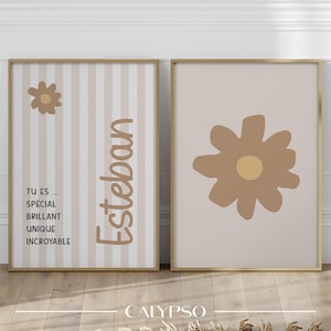 Póster personalizado con el nombre del niño - Póster de margaritas beige - Decoración de pared para dormitorio infantil bohemio