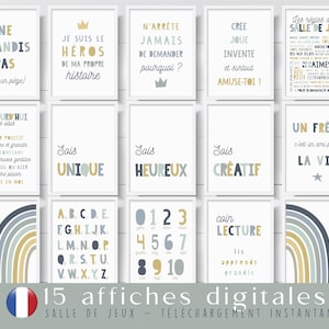 15 poster per la sala giochi in francese, poster digitali per bambini, blu, verde e giallo da stampare