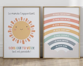 Positive poster in French with sun and rainbow – Motivational poster for children