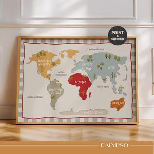 Póster infantil con mapa del mundo, decoración educativa, continentes, ilustración retro multicolor.