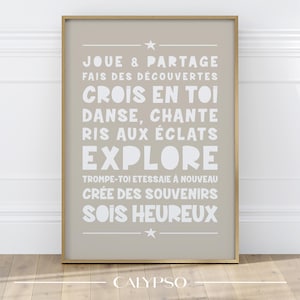 Póster con citas en francés para niños, arte de pared beige para zona de juegos o dormitorio