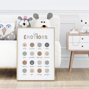 May include: A colourful educational poster for children titled "Les &Eacute;MOTIONS" with illustrations of different facial expressions and corresponding French words for emotions.