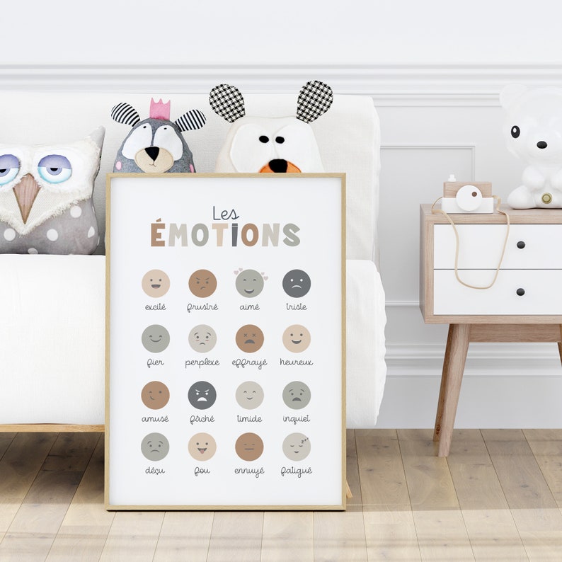 May include: A colourful educational poster for children titled "Les &Eacute;MOTIONS" with illustrations of different facial expressions and corresponding French words for emotions.