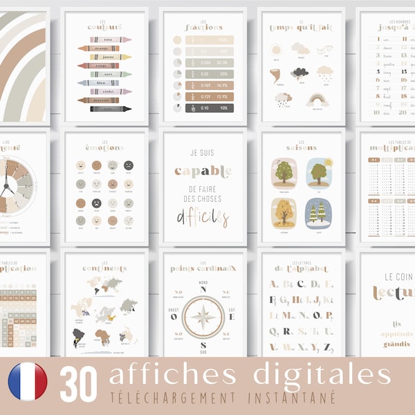 30 affiches pédagogiques digitales kaki et beige en français, fiches pédagogiques à imprimer, pour salle de classe, posters d'apprentissage