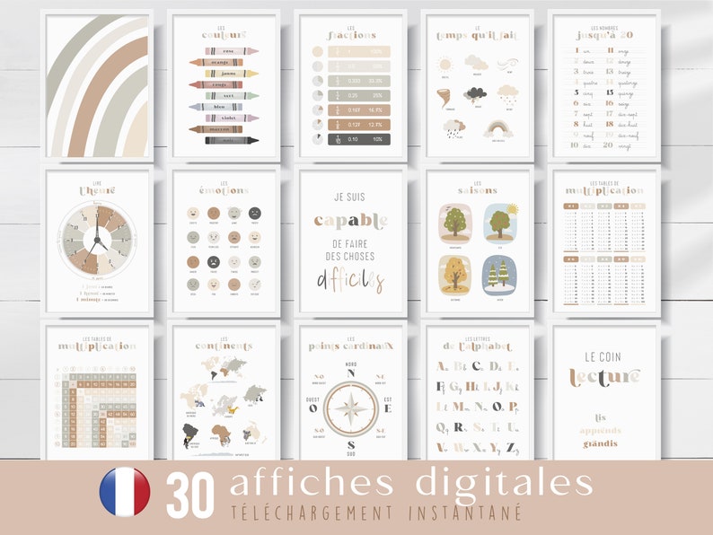 30 affiches pédagogiques digitales kaki et beige en français, fiches pédagogiques à imprimer, pour salle de classe, posters d'apprentissage image 1