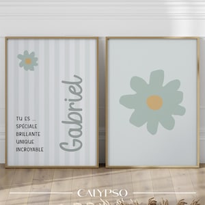 Poster con nome del bambino a strisce verdi - Poster Daisy e messaggio positivo personalizzato
