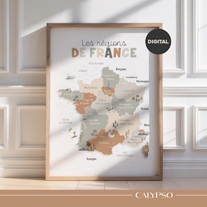 France Regions Map Poster for Children, Educational Geography Poster in French