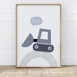 Poster bulldozer blu per bambini, decorazione scandinava per la cameretta dei bambini