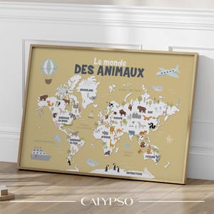 Mapamundi amarillo para niños - Decoración del aula - Cuadro infantil - Póster mundo animal