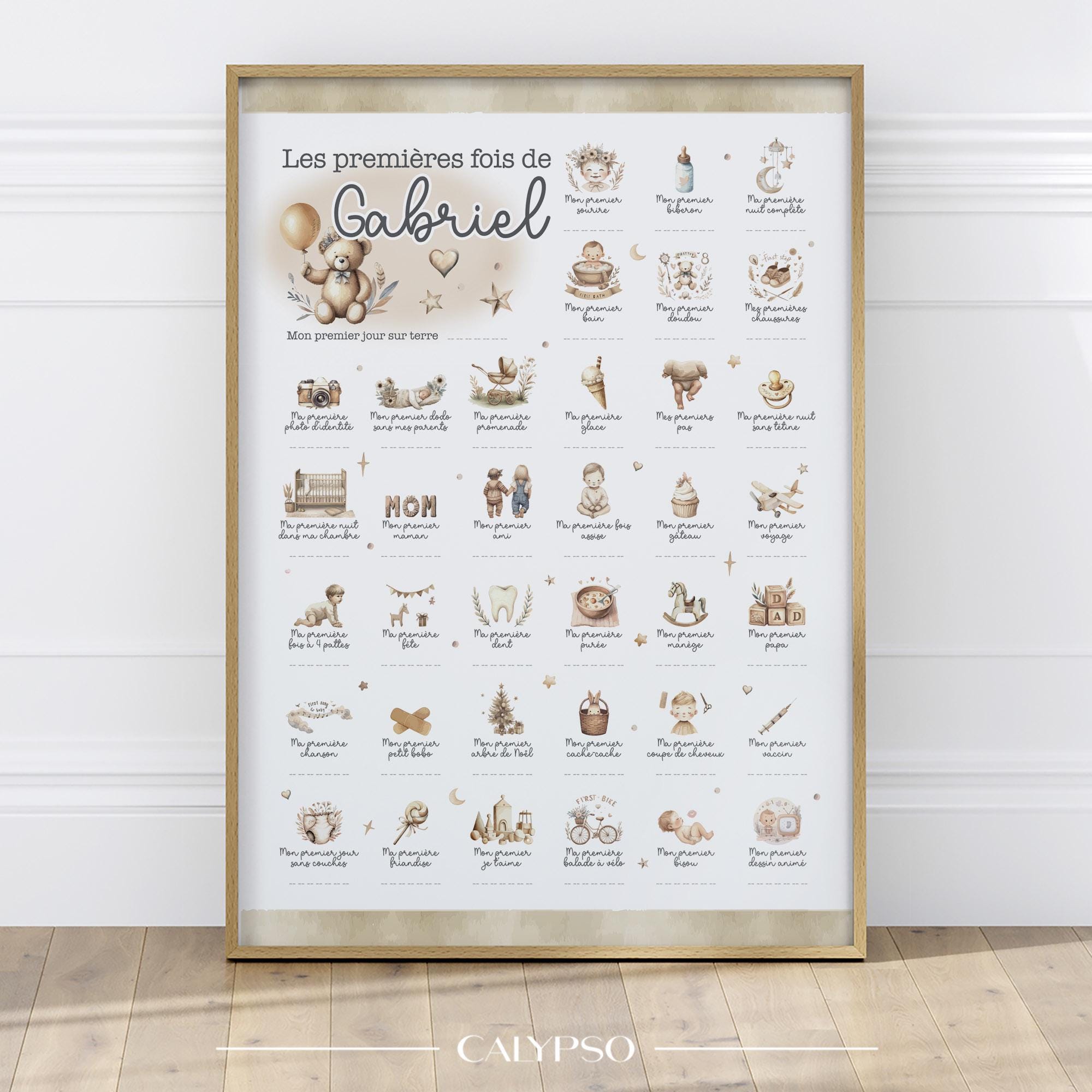 Toise Murale "Mes Premières Fois" Bébé - Cadeau Naissance Original Avec Tampon Dateur
