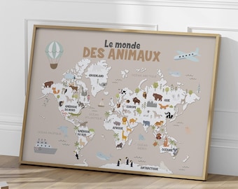 Póster de animales del mundo sobre fondo beige, ilustración de mapa mural de estilo escandinavo para niños.