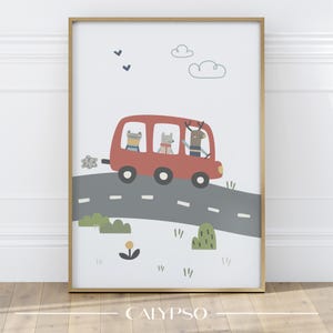 Póster de autobús de animales para niños, póster de vehículos y animales para habitaciones infantiles.