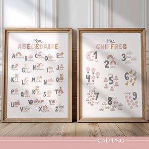 French alphabet & numbers poster set, pink bilingual girls decor