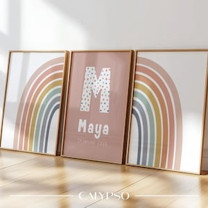 Poster arcobaleno personalizzati, poster iniziale personalizzato con pois e nome per bambina