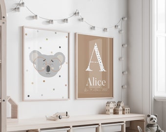 Double affiche de naissance camel personnalisée, cadeau de naissance, affiche bébé koala et initiale prénom, déco pour chambre d'enfant