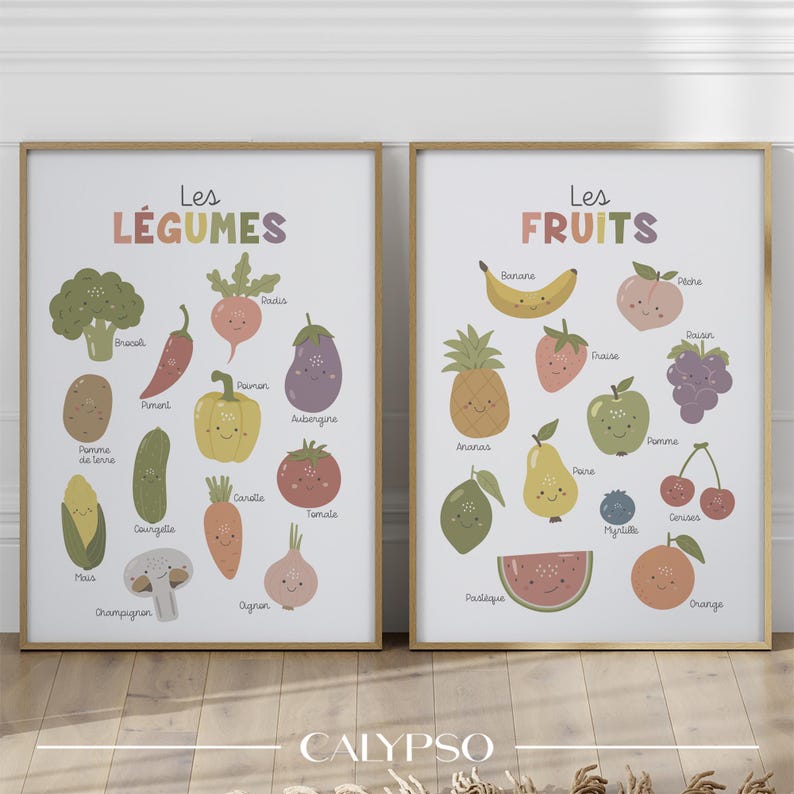 Double affiche, les fruits et les légumes. Décoration murale pédagogique en français pour les plus petits.