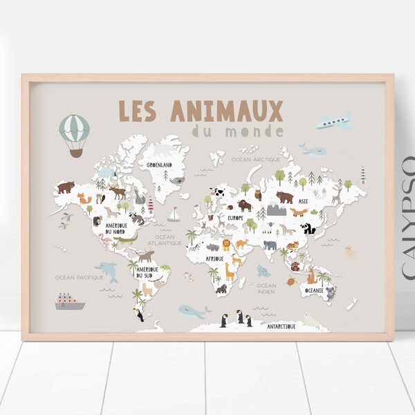 Affiche les animaux du monde sur fond beige, illustration carte murale au style scandinave pour enfants