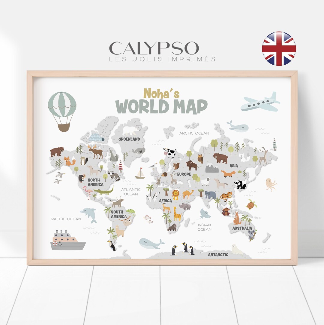 Personalized Animal World Map Classroom Decor Kids Wall Art Learning ...