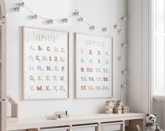 Lernplakate für Alphabet und Zahlen, minimalistisches Poster in Pastellfarben, Buchstaben und Zahlen zum Lernen für Kinder