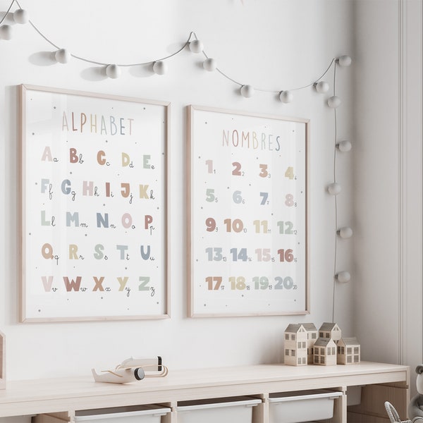 Affiches pédagogiques alphabet et nombres, poster minimaliste aux couleurs pastelles, apprentissage des lettres et des chiffres pour enfants