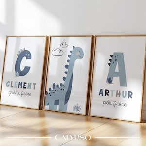 Poster dei dinosauri del fratello maggiore e minore, 3 poster personalizzati con iniziali e nome