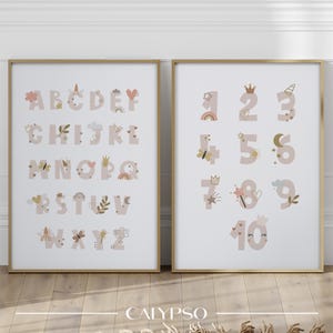 Einhorn-Alphabet und Zahlen-Illustrationen für kleine Mädchen, pädagogische Poster