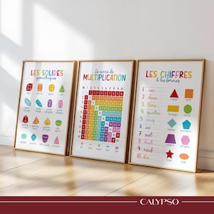 Può includere: Tre poster didattici incorniciati con testo e illustrazioni colorate. I poster mostrano solidi geometrici, tabelle di moltiplicazione e numeri con forme. Le cornici sono di colore marrone chiaro.