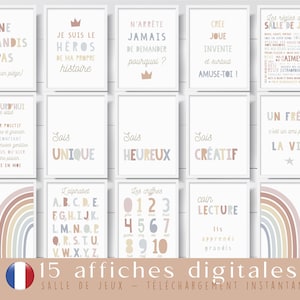 Posters pour la salle de jeux des enfants  aux couleurs de l'arc-en-ciel en français, 15 affiches digitales positives et encourageantes