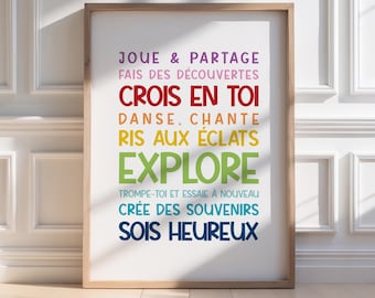 Positive phrases poster in French for children, optimistic wall decoration