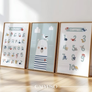 Meeresalphabet-Poster, Zahlen und Eisbär – 3 lehrreiche und dekorative Poster für Kinder