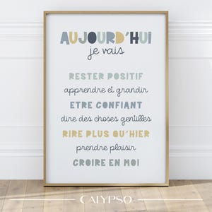 Positive Affirmationen auf Französisch, dekoratives Poster für Kinder, blau, grün und gelb, Geschenkposter, Wanddekoration für Spielzimmer