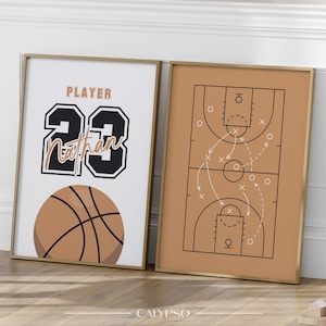 Pósters de baloncesto personalizados para niños – Lote de 2 pósters con nombre, número y cancha