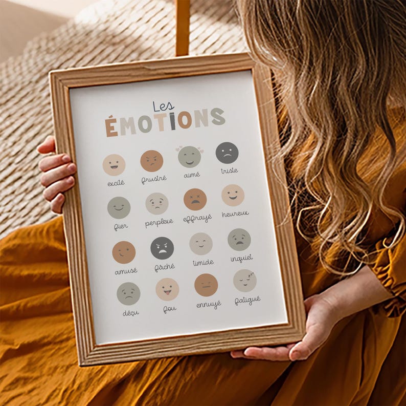 Affiche illustrée 16 émotions enfant, visages expressifs palette douce terracotta et sauge, outil éducatif intelligence émotionnelle chambre ou salle de classe