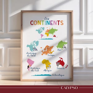 Póster infantil multicolor de los continentes del mundo en francés.