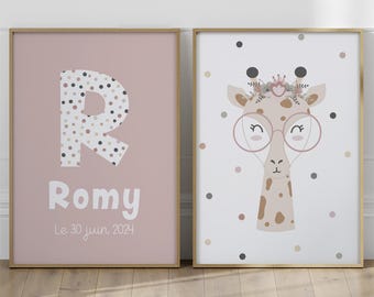 Giraffe with glasses birth poster, newborn gift, pink wall decoration with baby animal