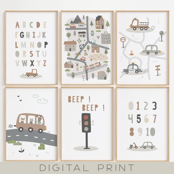 Set of beige vehicle posters, car wall decoration, trucks, set of 6 digital posters. Digital download