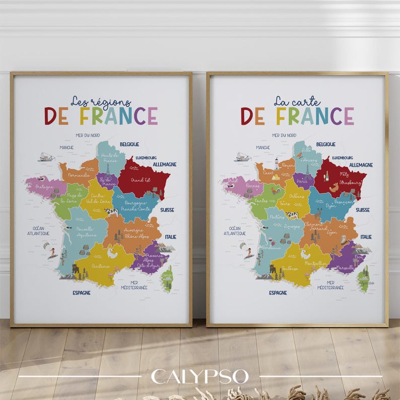 Mapa de Francia en colores brillantes para niños, ciudades principales, póster de geografía francesa para el aula. imagen 3