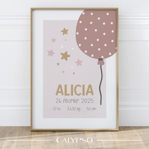 Poster de naissance personnalisée ballon rose à pois, cadeau pour nouveau-né, décoration chambre de bébé