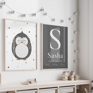 Personalized birth posters, birth gift, anthracite baby penguin poster and first name initial, dark child's room decor