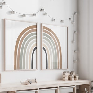 Rainbow decoration in khaki and earth colors, minimalist and soft double poster for children's room