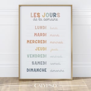 Poster jours de la semaine en français pour salle de classe, illustration multicolore