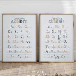 Blue, green and yellow cursive & script alphabet poster – Educational print for kid&#39;s room