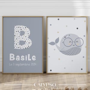 Blauwal-Poster mit Brille und Vornamen, Geburtsgeschenk, Dekoration für das Babyzimmer